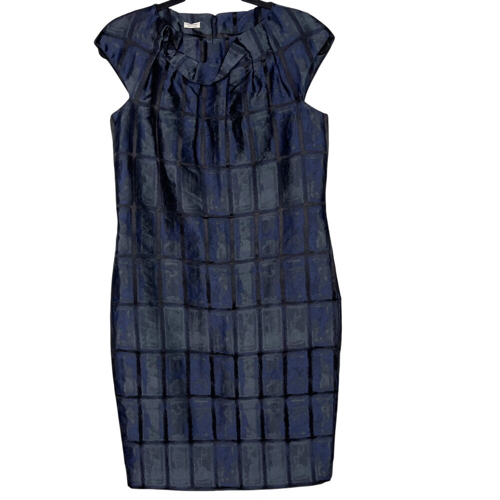 Agnona Check Plaid Silk Blend Sheath Dress 42 Blue Black Ruffle Collar Cocktail